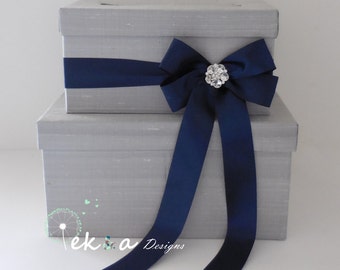 Hochzeit Kartenbox / Hochzeit Spardose / Kartenhalter Hochzeit, Hochzeits-Geschenk-Karte-Box / 2 Tier (Silber/hellgrau & Marineblau)-Bogen