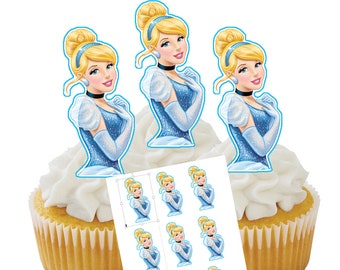 May include: A sheet of edible cupcake toppers featuring Cinderella from Disney's Cinderella. The toppers are printed on a white background and show Cinderella in her blue ball gown with white gloves. There are 12 toppers in total, with three large toppers and nine smaller toppers.
