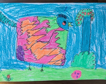Chicken on a Field, Paper and Pastel, Unframed, size 18 in x 12 in, Original Drawing by 7 Year Old