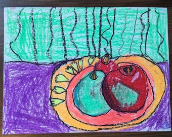 Apples! Paper and Pastel, Unframed, size 12 in x 9 in, Original Drawing by 7 Year Old