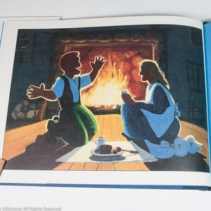 May include: Illustration from a children's book depicting a cozy scene. A man and woman are seated near a fireplace, with a table set with food. Three ducklings are in the foreground. The artwork is in warm tones.