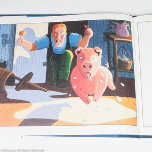 May include: Illustration from a children's book depicting a pink pig running away from a man holding a mallet. The man is wearing a blue shirt and green overalls. A spilled bucket of milk and a black cat are also visible.