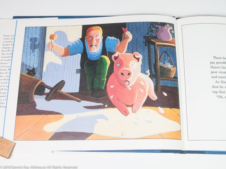 May include: Illustration from a children's book depicting a pink pig running away from a man holding a mallet. The man is wearing a blue shirt and green overalls. A spilled bucket of milk and a black cat are also visible.