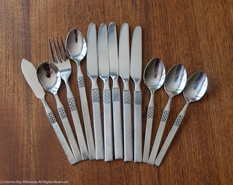 Oxford Hall OXH58 burnished cross hatched stainless flatware group, mid century, 12 pieces