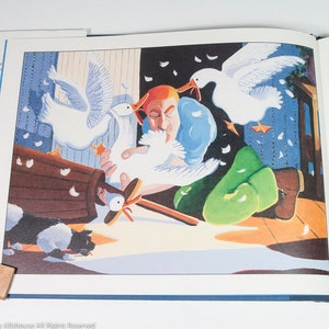 May include: A colorful illustration from a children's book depicts a chaotic scene with geese, a man, and a dog. The artwork features a brown barrel, green pears, and a wooden stick with a propeller. The background includes a dark night sky and a blue curtain.