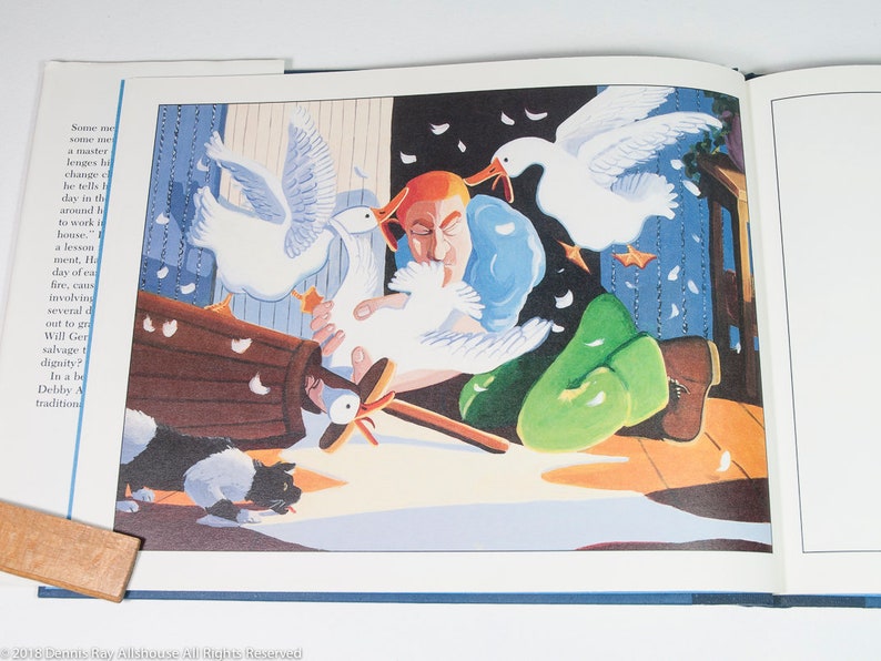 May include: A colorful illustration from a children's book depicts a chaotic scene with geese, a man, and a dog. The artwork features a brown barrel, green pears, and a wooden stick with a propeller. The background includes a dark night sky and a blue curtain.