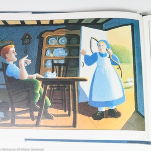 May include: Illustration from a children's book depicting a domestic scene. A man sits at a table, while a girl in a blue dress and apron stands in a doorway. The room features a hutch with plates and a cuckoo clock.