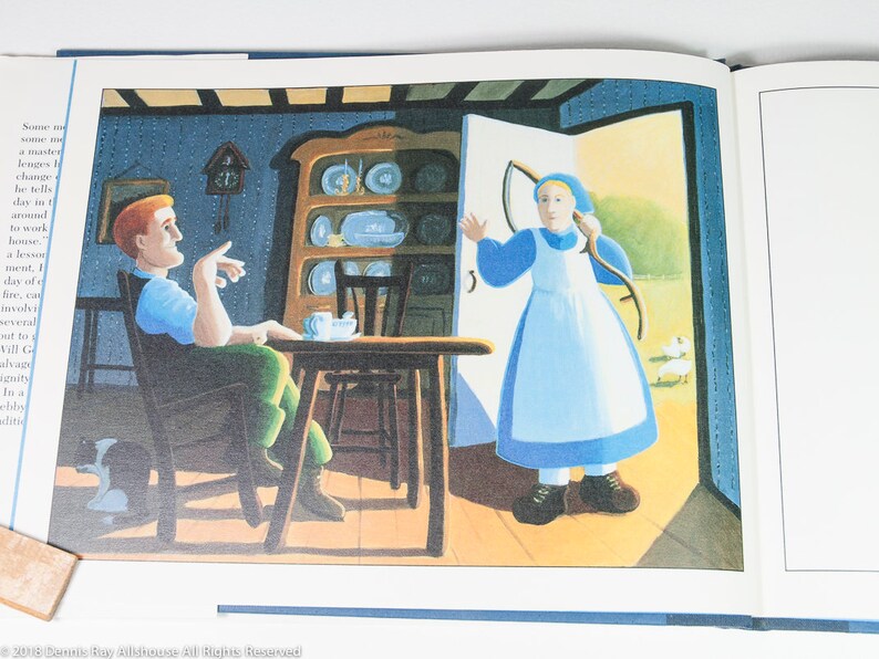May include: Illustration from a children's book depicting a domestic scene. A man sits at a table, while a girl in a blue dress and apron stands in a doorway. The room features a hutch with plates and a cuckoo clock.