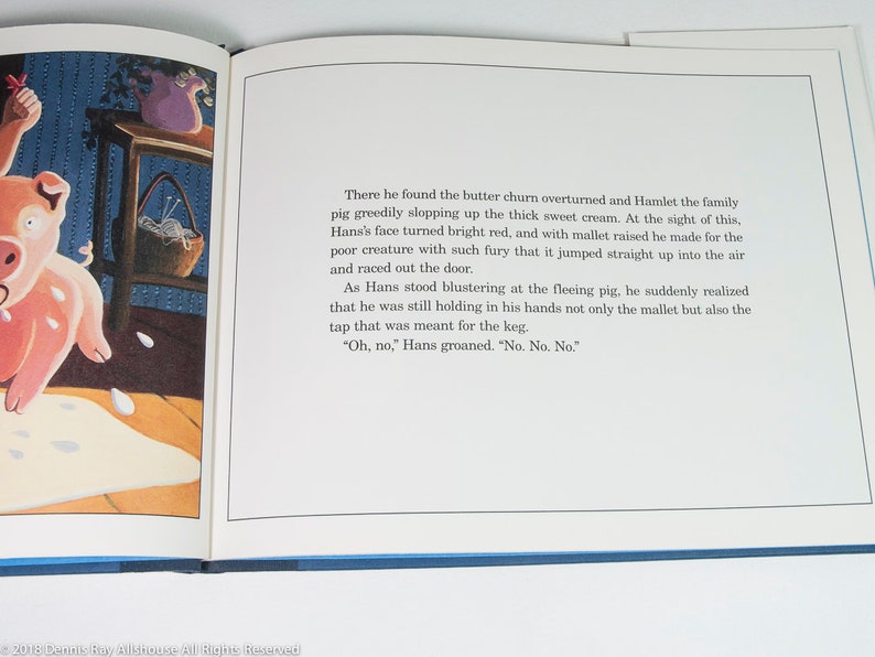May include: An open book with a colorful illustration of a pig and text. The pig is pink and appears to be in a room with a table and a basket. The text describes a scene with a pig and a mallet.