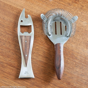 Shark bottle opener and cocktail strainer in teak and stainless, cool mid century bar accessories made in Japan
