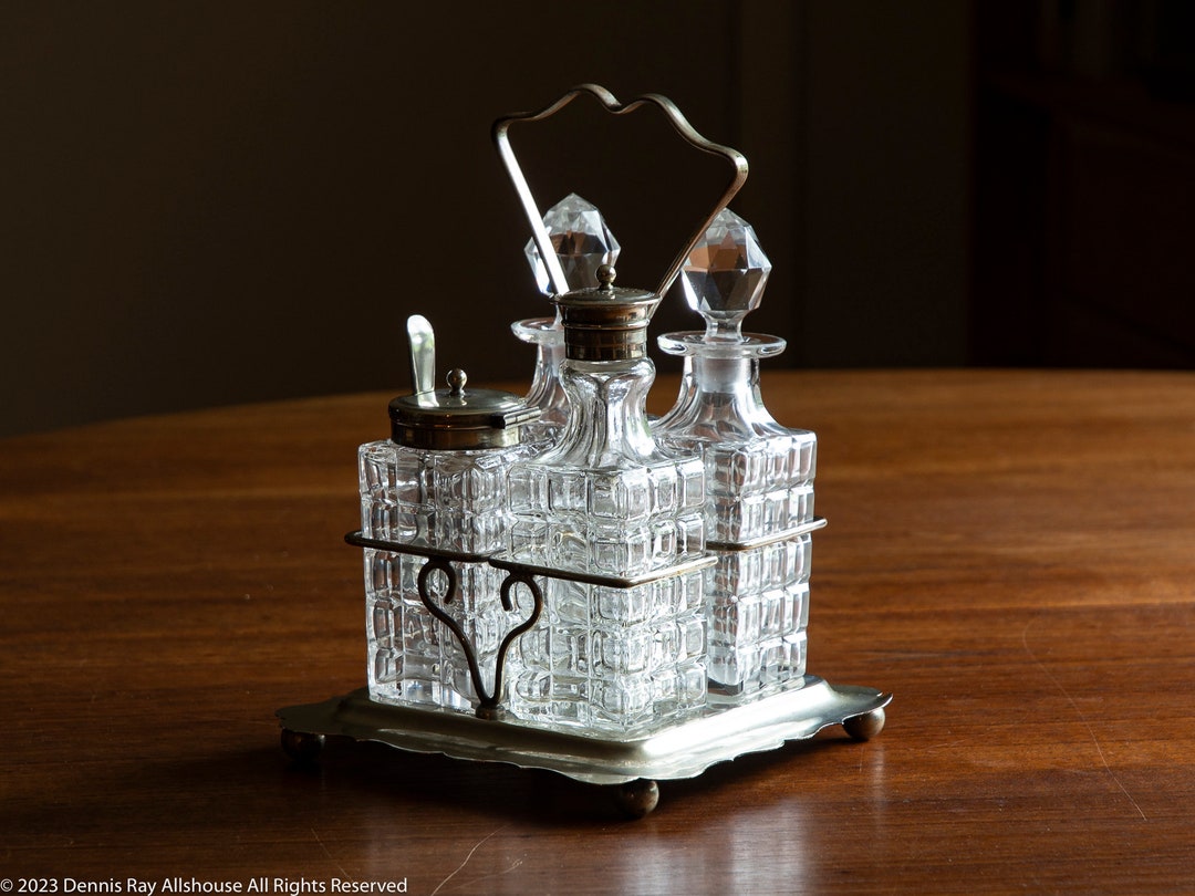 Victorian Style Condiment Set With Caddy, 2 Cruets, Mustard Jar, and
