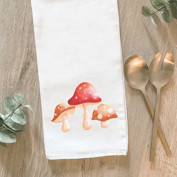 Cute Mushroom Print Tea Towel,  Fall Kitchen Decor, Kitchen Linen,  Host Hostess Gift, Housewarming Present, Outdoors Mushroom Pattern