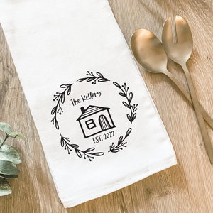Cute House Last Name Tea Towel, Personalized Dish Towel, Kitchen Home Decor, Bridal Shower Wedding Gift, Hostess Gift, Custom Gift Newlyweds