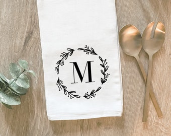 Initial Wreath, Last Name Personalized Initial Dish Towel, Kitchen Decor, Bridal Shower Wedding Gift, Hostess Gift, Housewarming Holiday