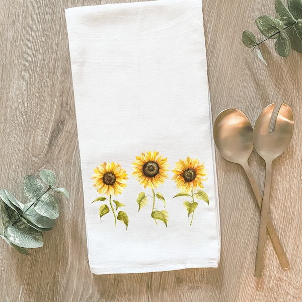 Sunflower Tea Towel, Spring Flowers, Watercolor Sun Flower, Summer Kitchen Decor, Dish Towel, Hostess Gift, Summer Decor