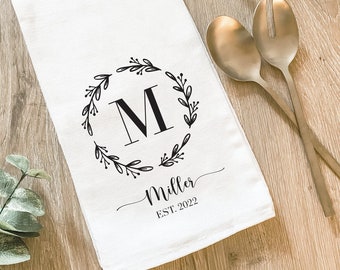 Personalized Farmhouse Tea Towel, Monogram Initial Dish Towel, Custom Kitchen Decor, Bridal Shower Wedding Anniversary Gift, Hostess Host