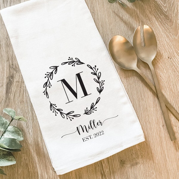 Personalized Farmhouse Tea Towel, Monogram Initial Dish Towel, Custom Kitchen Decor, Bridal Shower Wedding Anniversary Gift, Hostess Host