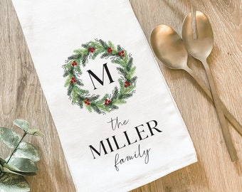Personalized Christmas Wreath Tea Towel: Farmhouse Kitchen Decor