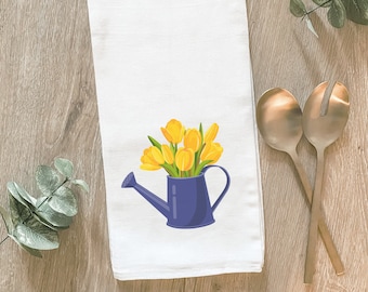 Tulip Watering Can Tea Towel, Spring Flowers, Gardening, Farmhouse Country Kitchen Decor, Dish Towel, Gift For Mom Grandma, Spring Decor