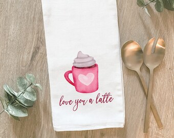 Ręcznik kuchenny "Kocham Cię i Latte" na Walentynki: Wystrój kuchni na Walentynki, Walentynkowy barek kawowy