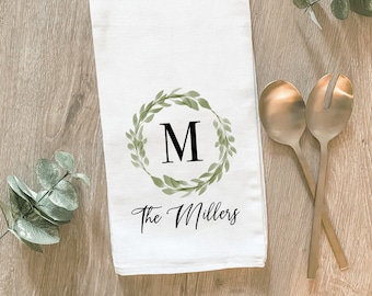 Personalized Monogram Kitchen Tea Towel: Custom Family Last Name Dish Towel, Farmhouse Kitchen Decor