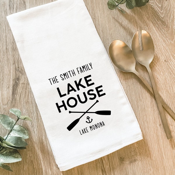 Lake House Tea Towel, Personalized Last Name, Kitchen Hand Towel, Farmhouse Decor, Host Hostess Gift, Housewarming Lake, Family Lake Cottage