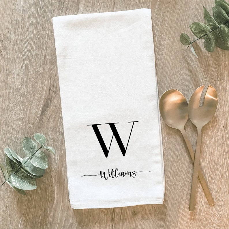 Personalized Farmhouse Tea Towel, Monogram Personal Initial Dish Towel, Custom Kitchen Decor, Bridal Shower Wedding Gift, Hostess Host Gift 