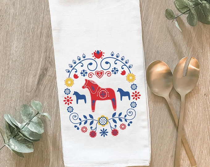 Scandinavian Dala Horse Tea Towel,  Swedish Kitchen Decor, Sweden Kitchen Linen