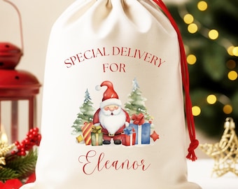 May include: A cream-colored drawstring gift bag with a red drawstring. The bag features a watercolor illustration of Santa Claus, Christmas trees, and wrapped gifts. The text "SPECIAL DELIVERY FOR Eleanor" is printed in red.