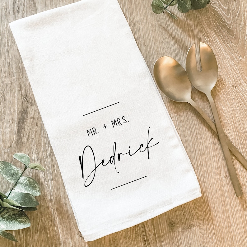 Mr. and Mrs., Newlywed Tea Towel, Bridal Shower, Personalized, Bride Groom Linen, Kitchen Decor, Dish Towel, Custom Wedding Gift
