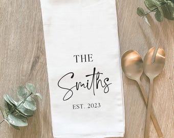 Personalized Last Name Established Date Kitchen Tea Towel: Farmhouse Kitchen Decor, Wedding Shower Gift, Kitchen Bridal Shower Gift
