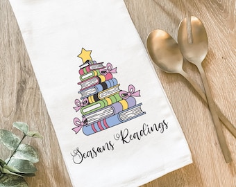 Seasons Readings Tea Towel: Christmas Kitchen Decor, Book Lover Gift, Holiday Kitchen Linen, Christmas Book Tree, Gift for Reader