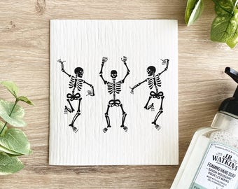 Dancing Skeletons Swedish Dish Cloth: Halloween Kitchen Decor