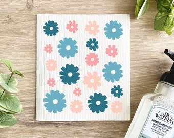 Floral Swedish Dish Cloth: Pink & Blue Flower Kitchen Decor