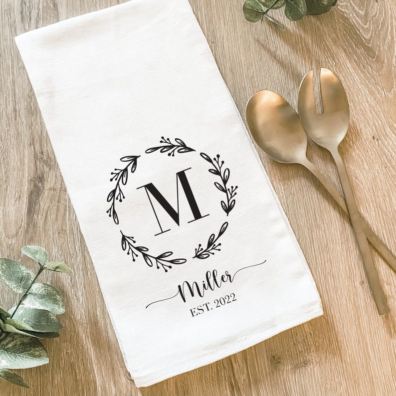 Personalized Farmhouse Tea Towel, Monogram Initial Dish Towel, Custom Kitchen Decor, Bridal Shower Wedding Anniversary Gift, Hostess Host
