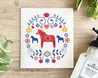Scandinavian Dala Horse Swedish Dish Cloth: Reusable Kitchen Decor