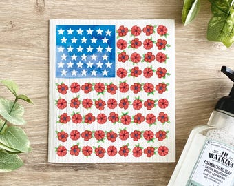 Floral American Flag Swedish Dish Cloth: Patriotic Kitchen Decor