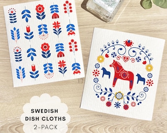 Scandinavian Swedish Dish Cloths (Set of 2): Swedish Dala Horse, Scandinavian Folk Flowers, Reusable Kitchen Decor
