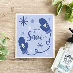 Pano de prato sueco Let It Snow, decoração de cozinha de inverno, presente para anfitriã, presente de inauguração de casa, presente para ela, flocos de neve de inverno, pano de prato reutilizável