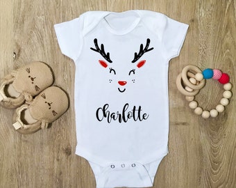 Personalized Christmas Reindeer Baby Shirt, Custom Name Shirt, Christmas Holiday Baby Shirt, Winter Baby Bodysuit, Baby Shower Gift
