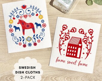 Scandinavian Swedish Dish Cloths (Set of 2): Swedish Dala Horse, Home Sweet Home, Reusable Kitchen Decor