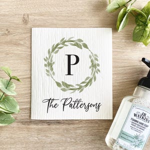 Personalized Family Name Swedish Dish Cloth, Custom Kitchen Decor, Wedding Hostess Gift, Housewarming Gift, Gift for Her, Eucalyptus Wreath