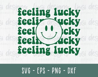 May include: Green text on a white background reads "feeling lucky" five times. A green smiley face is centered between the words.