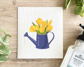 Tulip Watering Can Swedish Dish Cloth: Spring Farmhouse Kitchen Decor