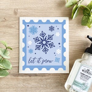 Let It Snow Stamp Pano de prato sueco, decoração de cozinha de inverno, presente para anfitriã, presente de inauguração de casa, presente para ela, inverno, pano de prato reutilizável