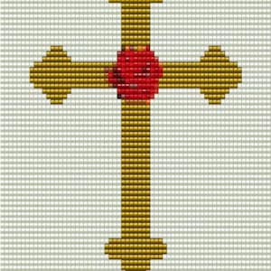 May include: A pixel art pattern of a gold cross featuring a central red circular accent on a light gray grid background. The text Loom appears in the bottom left corner and the text Arts by Lourdes appears in the bottom right corner.