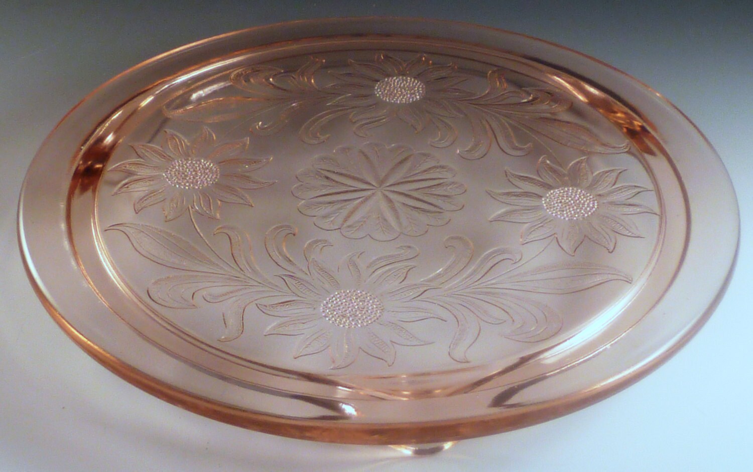 Sunflower Pink Depression Glass Cake Plate 3Footed Etsy