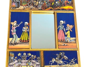 Vintage Tesoros Peruvian Day of the Dead Skeleton Reverse Painted Glass Mirror, Gold Frame