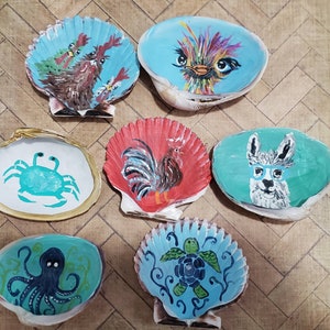 Hand painted jewelry ring trinket shell dish holder roosters ostrich chicken llama octopus sea turtle ocean crab
