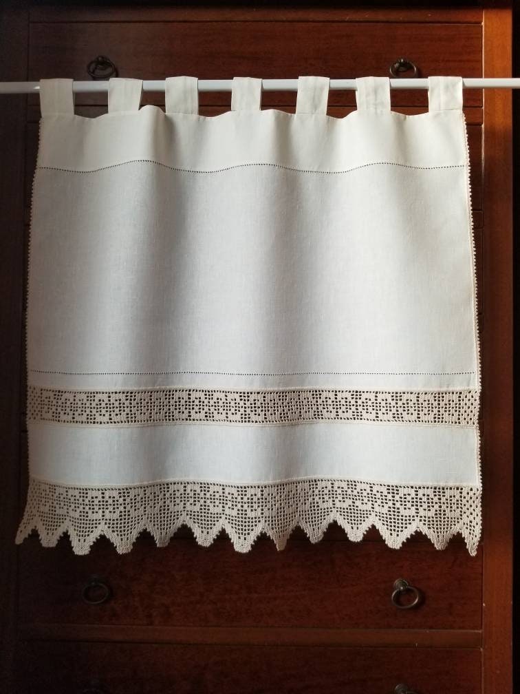 Tenda Da Cucina Boho In Misto Cotone – Corta 175x45 Cm, Con Ricamo Effetto Uncinetto, Semitrasparente, Beige, Stile Rustico